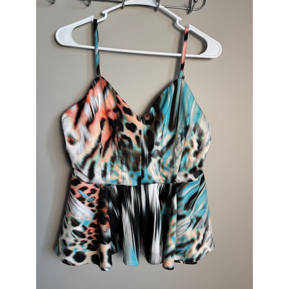 Bebe Abstract Animal Print Peplum‎ Camisole Top Large Y2K Clubwear Party Funky
